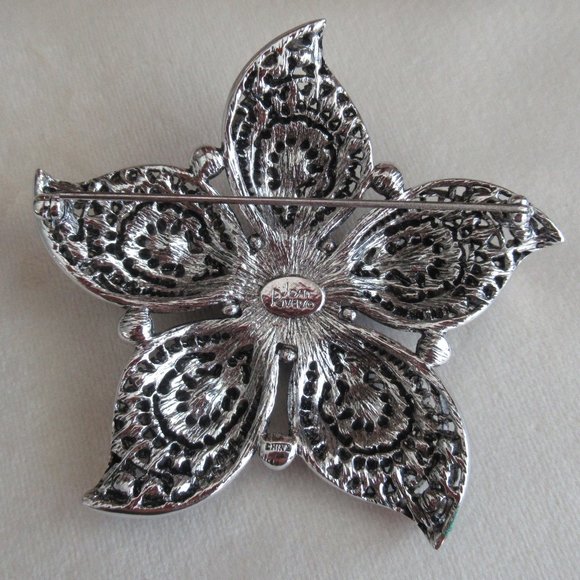 VTG JOAN RIVERS Faux Tanzanite, Pearls w/Rhinestones PIN BROOCH Silver Tone 2.5" - Picture 5 of 7